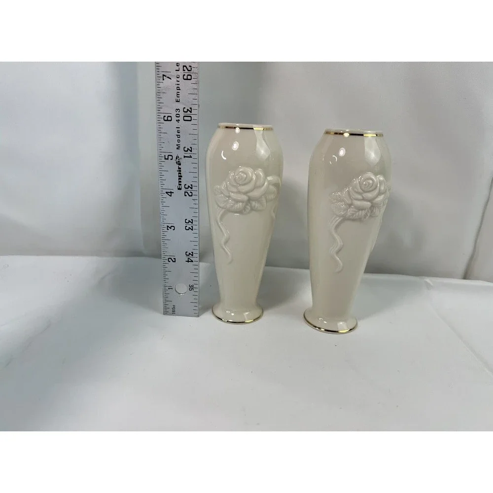 Pair Of Vtg Hand Crafted Lenox China 6'' Rose Bud Vase Ivory‎ with Gold Trim EUC